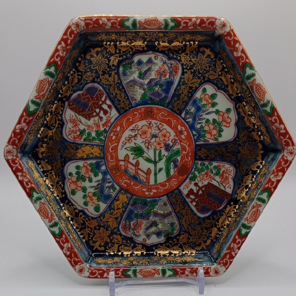 Hexagonal Decorative Plate with Floral and Scenic Patterns